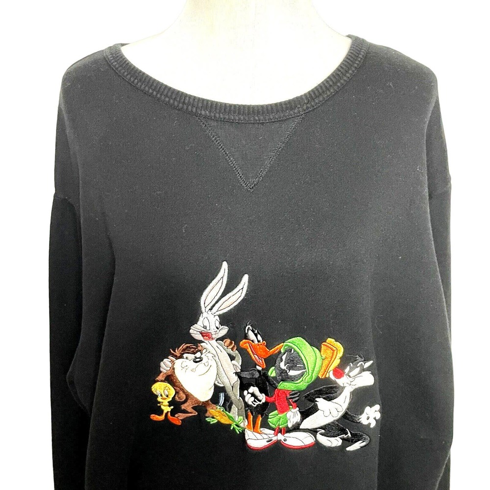 Disney Black Sweatshirt Embroidered Unisex WB Size Xl Tweety Bugs Taz Daffy